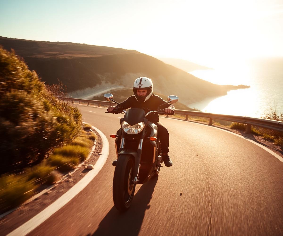 Motorcyclist riding along a sunlit coastal road in Portugal